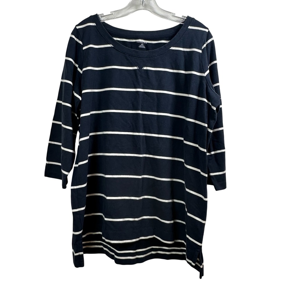 Lands End Navy Blue White Striped 100% Cotton 3/4 Sleeve Tunic Top Large Petite